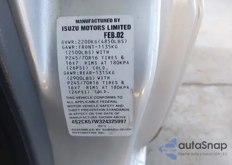 2002 Isuzu Rodeo Sport S 3.2L V6 Hard Top/S 3.2L V6 Soft Top из США, поврежденный, VIN 4S2CK57W324325997